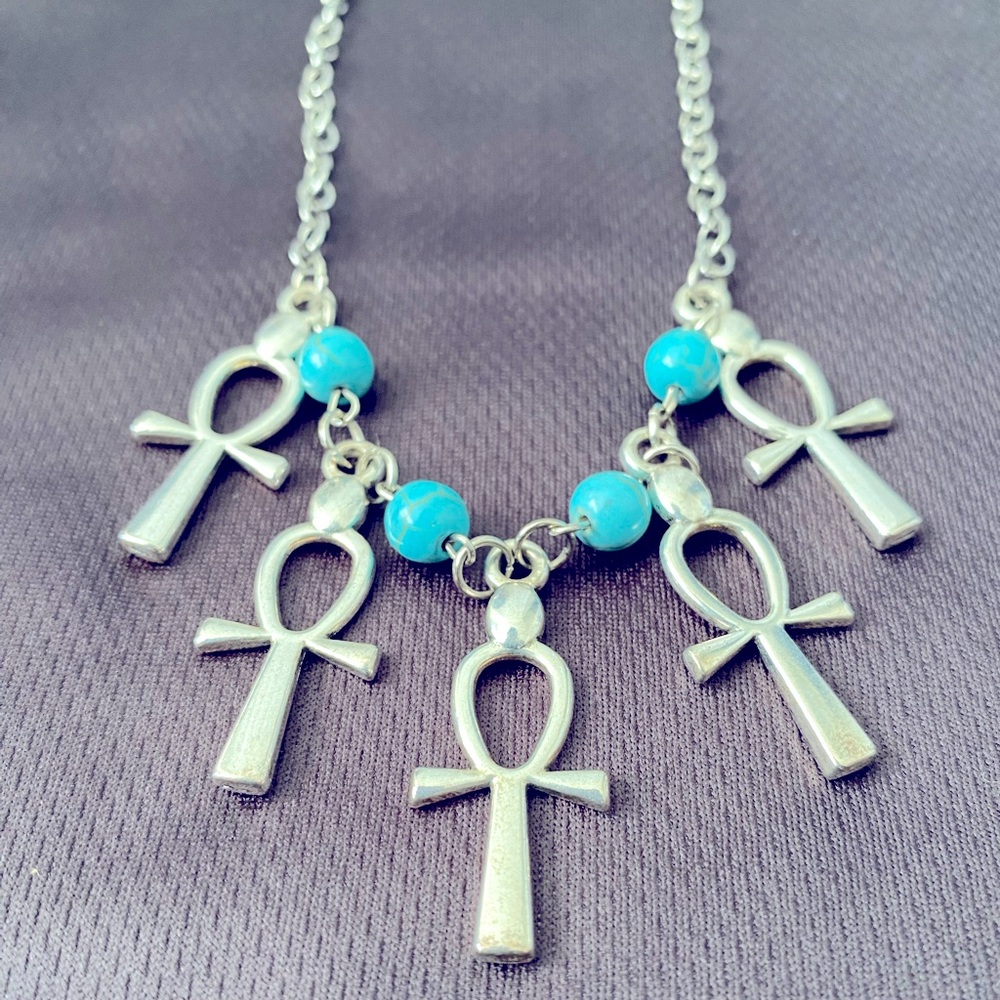 Silver Ankh Necklace with Blue Accents